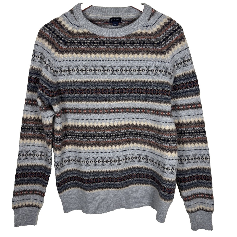 J Crew Fair Isle Men's Medium Crewneck Sweater Preppy Lamb's Wool Blend Nordic